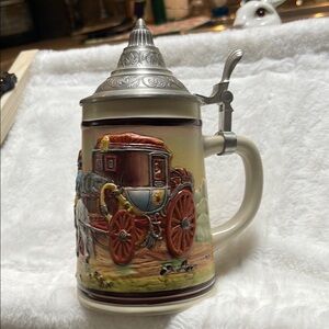 Vintage Ceramic German Beer Stein with Horse drawn Carriage Design pewter lid